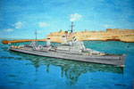 HMS Gambia entering Grand Harbour, Malta painted by Keith Butler who served on the 1955/6 commission
