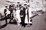 Open Day on HMS Gambia. O.A. Viv Say and new borm, Mr Wannicott, Connie Say, O.A. Bullen, Mary and Young Bullen, Wife and E.A. Algy Longworth, O.A. Hilton?, O.A. Hilton? O.A. Boydels wife. Photo from Alan Clements