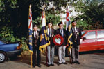 Standard Bearers at the War Memorial, Leamington Spa in 1992. Left to right: Ron Capers, Leamington Standard Bearer; Tony Hockenhull? HMS Gambia Association Standard Bearer; ???; Alan Fletcher, Warwick Branch Standard Bearer. This photo was kindly submitted by Ian Frost of Leamington Spa RNA