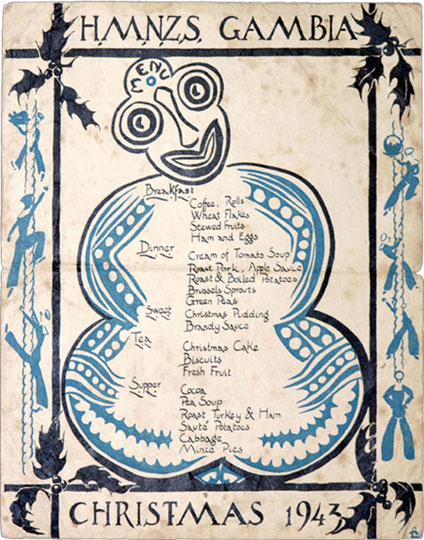 HMNZS Gambia 1943 Christmas Menu. Scan from Keith Scott