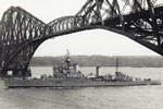 HMS Gambia passing under Forth Bridge going to Rosyth, Scotland. No date