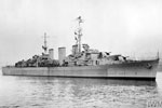 HMS Manxman, May - June 1945. She was an Abdiel class minelayer launched in 1940, converted to a minesweeper support ship in 1963, and sold for breaking up in 1972. Imperial War Museums A 29617