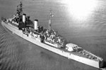 HMCS Uganda 1944. Built by Vickers Armstrong. Laid down July 20, 1939. launched August 7, 1941. Completed January 31943. Transferred to Royal Canadian Navy October 21, 1944. Renamed Quebec 1952. Paid off 1956, placed on disposal list 1958. Broken up at Osaka 1961.