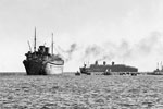 SS Nieuw Amsterdam in Freemantle, Australia on February 18, 1943, returning members of 9th Australian Division home from the Middle East. The SS Queen Mary is in the background. Australian War Memorial 029140