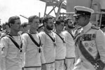 King Paul of the Hellenes inspecting the ships Stokers Division in Athens, Greece in September, 1950. Photo from my dad's albums.
