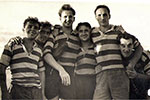 HMS Gambia's second-string rugby players. Extreme left is Telegraphist W. 'Jock' Menzies, second from left is Leading Signaller Andy Broadfoot. Leading Telegraphist John Aire is 3rd from left. Image from Amanda Dalton, John Aire's daughter