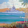 I do not know who painted this. It shows HMS Gambia at Mombasa, Kenya. Gambia visited Mombasa in 1942, 1955 and 1958