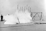 Test Rocket fireworks being fired on board HMS Indomitable in preparation for the fireworks display to be witnessed by HM The Queen following her Review of the Fleet on 15 June 1953. Imperial War Museums A32577