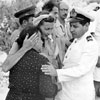 Lady Mountbatten with a Greek Lieut Cdr N Navrojannis of NATO at Malta, who is also an inhabitant of Cephalonia, comforting the inhabitants in distress, August 1953. Image from Imperial War Museums, A32640