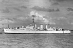 HMS Manxman at a buoy off Sheerness. No date. She was an Abdiel class minelayer launched in 1940, converted to a minesweeper support ship in 1963, and sold for breaking up in 1972. Imperial War Museums FL 4444