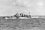 The London class cruiser HMS Shropshire at speed in the South Atlantic, April 14, 1942. Photo: Lt. F. G. Roper. Imperial War Museums A 9226