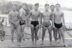 Denys Powell is second from the left, the three men marked by X's are also from HMS Cook. Photo from Denys Powell, kindly submitted by Anita Neads.