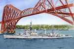 HMS Gambia passing under Forth Bridge going to Rosyth, Scotland. This drawing is signed K. R. Stoner but that is all I know about it