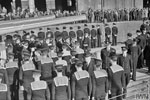 Mr Jordan, High Commissioner of New Zealand, inspecting divisions on the quarterdeck of HMS Gambia during the formal handing over in Liverpool, October 3, 1943. Behind him is the Commanding Officer of the ship, Captain N J W Willam-Powlett, DSC, RN. Photo: Lt. C. H. Parnall. Imperial War Museums A 19579