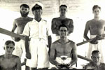 HMS Gambia's 1952 Fleet Regatta team. Taff Morgan, Ldg. Stoker/Diver Wally Morgan, Taff Jakes, Taff Sinnott, Snr. Engineer, Roberts and PO(ME) Alan Giddings. Photo kindly submitted by Barry Morgan, Wally's Son. Alan Giddings identified by his son, Robert Giddings MBE