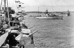 Royal Yacht Surprise passes HMS Superb. Image from Ray Holden