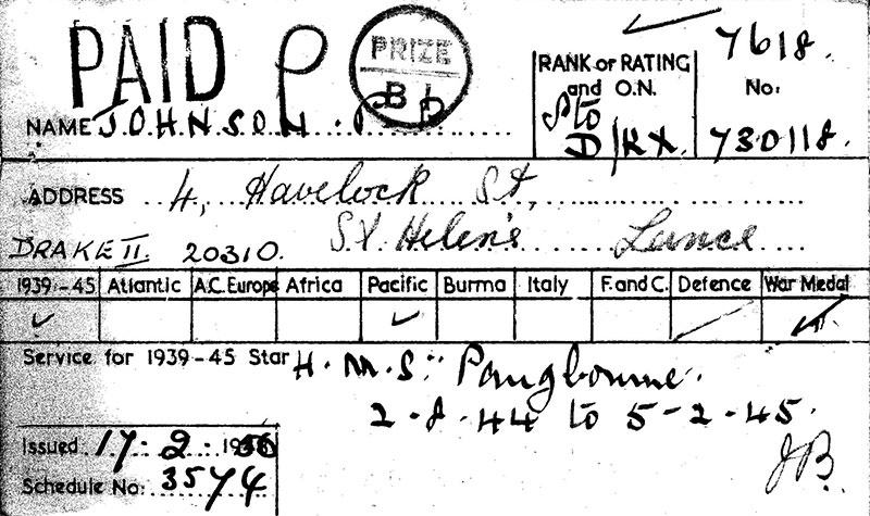 Peter Johnson's medal receipt stub