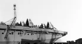 HMS Albion. The planes are Hawker Sea Hawk FGA.6 fighter-attack aircraft