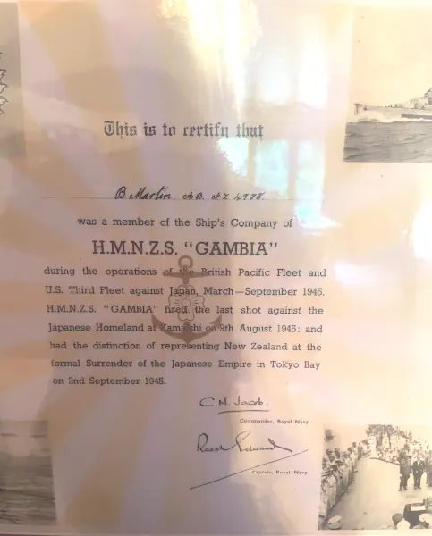 Bruce Martin's Certificate of Service on HMNZS Gambia