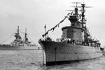 The Swedish cruiser HMS Göta Lejon during Coronation Review at Spithead, 1953. In the background, a Soviet cruiser of Sverdlov class. Image from Wikimedia Commons