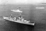 HMS Glasgow, Flagship of the C in C Mediterranean, Admiral Mountbatten; HMS Gambia (middle distance) and HMS Manxman arriving at Spithead on June 8, 1953, for the Coronation Naval Review. Image from Imperial War Museums A32569