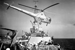 A Naval helicopter flown off HMS Bermuda an arrival at Zakinthos, capital of Zante, in the Ionian Islands, to take part in the relief work, August 1953. Image from Imperial War Museums, A32665